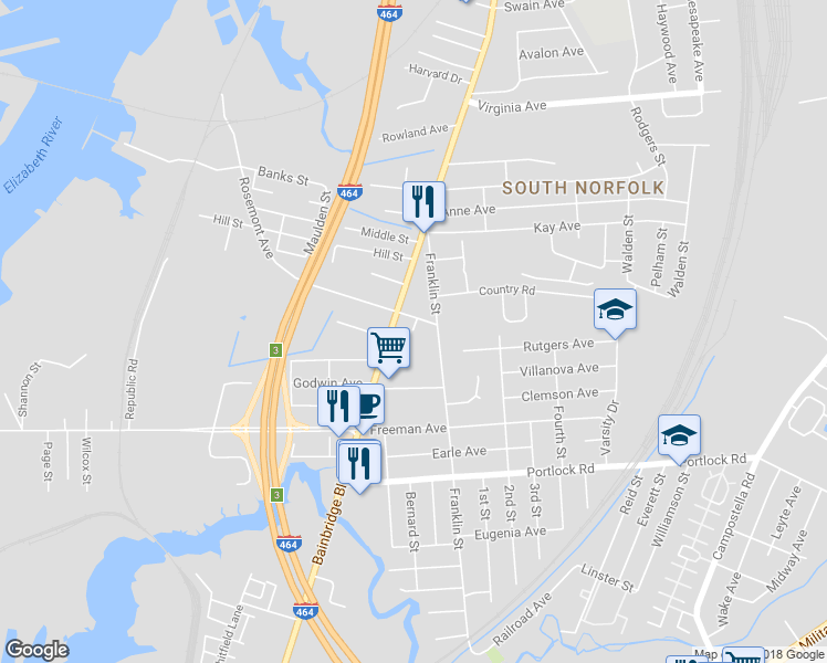 map of restaurants, bars, coffee shops, grocery stores, and more near 1808 Elizabeth Street in Chesapeake
