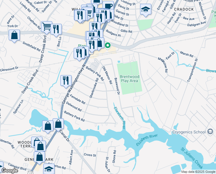 map of restaurants, bars, coffee shops, grocery stores, and more near 2101 Battery Park Road in Chesapeake