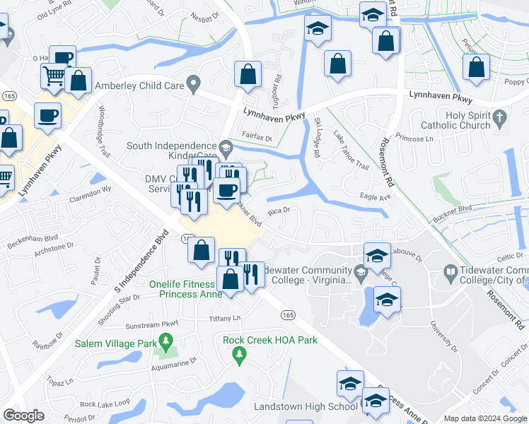 map of restaurants, bars, coffee shops, grocery stores, and more near 3960 Rica Drive in Virginia Beach