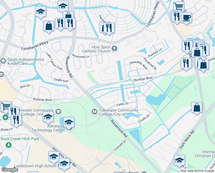 map of restaurants, bars, coffee shops, grocery stores, and more near 3645 Light Horse Loop in Virginia Beach