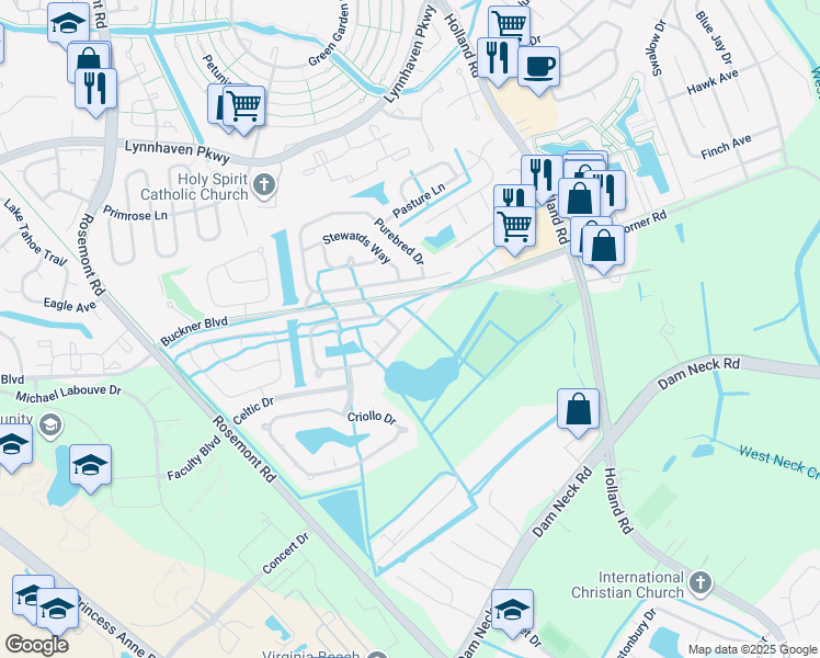 map of restaurants, bars, coffee shops, grocery stores, and more near 3529 Storm Bird Loop in Virginia Beach