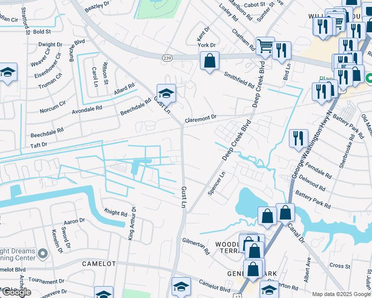 map of restaurants, bars, coffee shops, grocery stores, and more near 1415 Gust Lane in Chesapeake