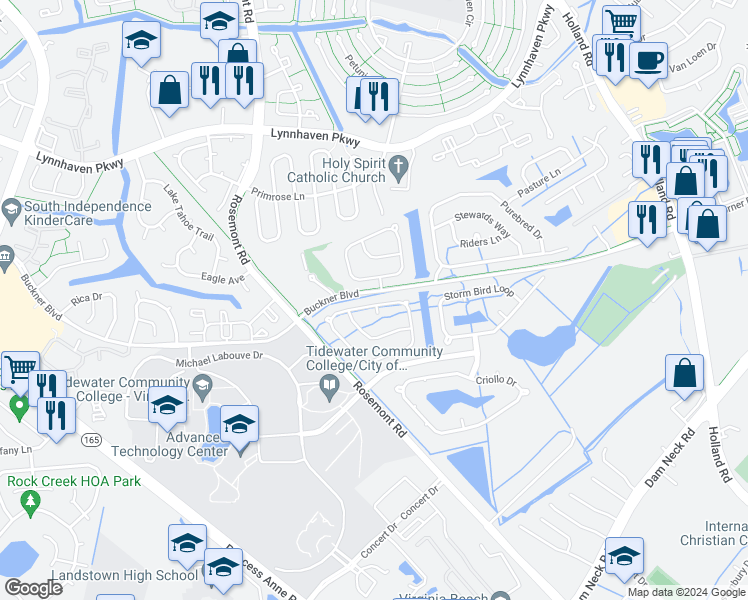 map of restaurants, bars, coffee shops, grocery stores, and more near 3645 Light Horse Loop in Virginia Beach