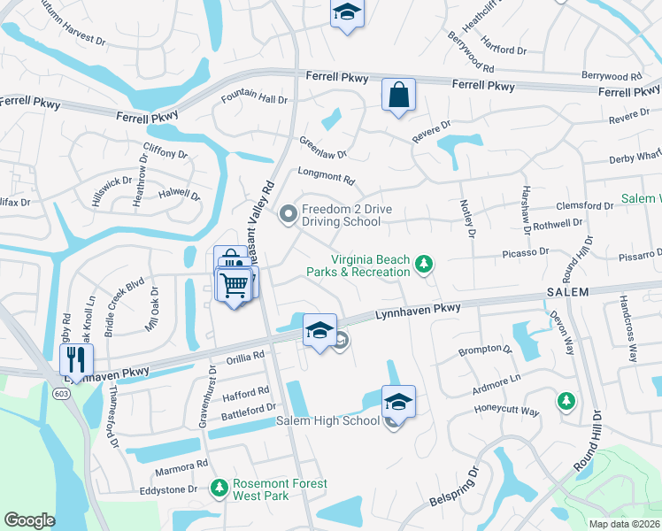 map of restaurants, bars, coffee shops, grocery stores, and more near 1612 Rodeo Drive in Virginia Beach