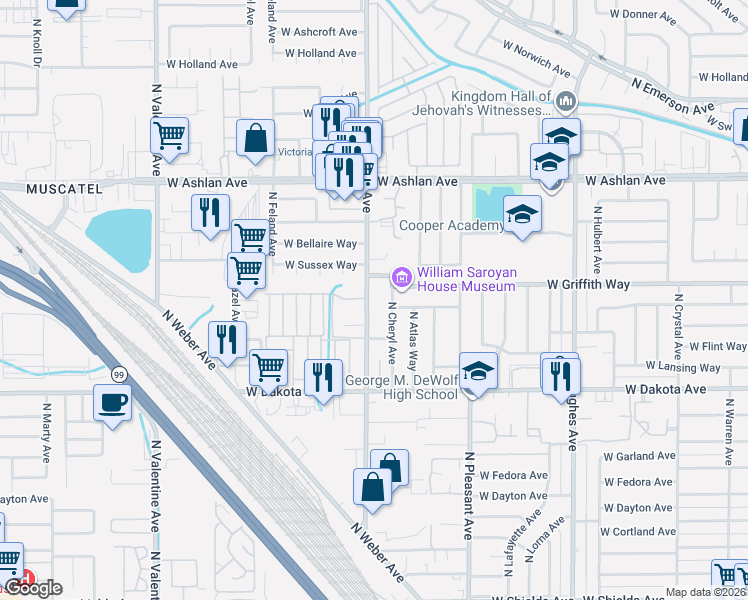map of restaurants, bars, coffee shops, grocery stores, and more near 3538 North Marks Avenue in Fresno