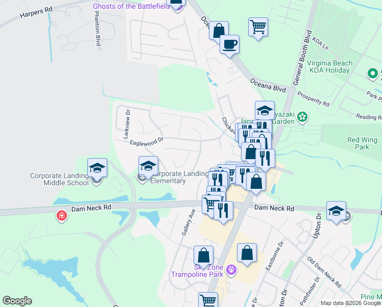 map of restaurants, bars, coffee shops, grocery stores, and more near 1519 Hummingbird Lane in Virginia Beach