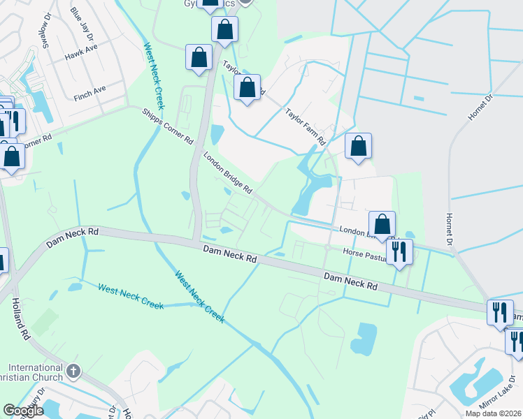 map of restaurants, bars, coffee shops, grocery stores, and more near 1493 London Bridge Road in Virginia Beach