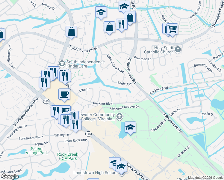 map of restaurants, bars, coffee shops, grocery stores, and more near 3725 Canadian Arch in Virginia Beach