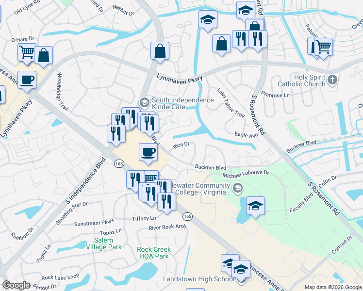 map of restaurants, bars, coffee shops, grocery stores, and more near 1320 Rica Court in Virginia Beach