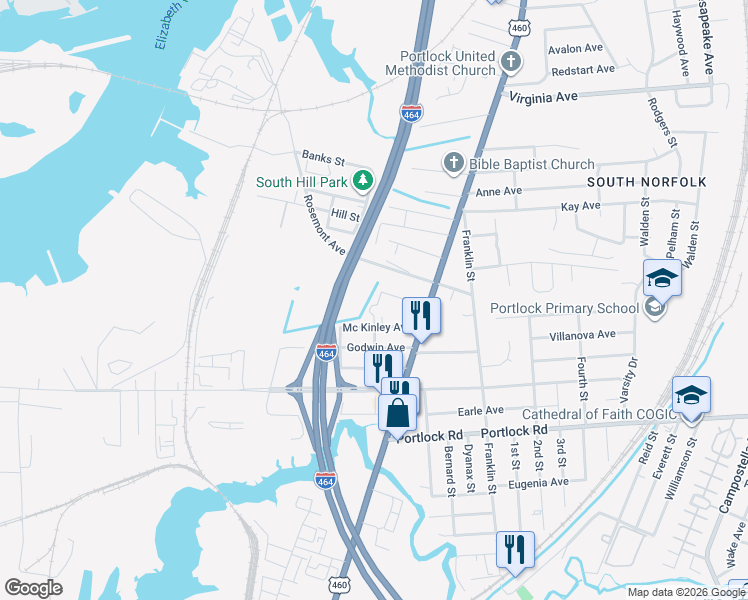 map of restaurants, bars, coffee shops, grocery stores, and more near 1001 Mc Kinley Avenue in Chesapeake