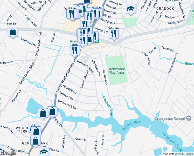 map of restaurants, bars, coffee shops, grocery stores, and more near 2101 Battery Park Road in Chesapeake