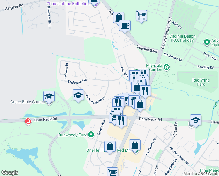 map of restaurants, bars, coffee shops, grocery stores, and more near 1510 Hummingbird Lane in Virginia Beach