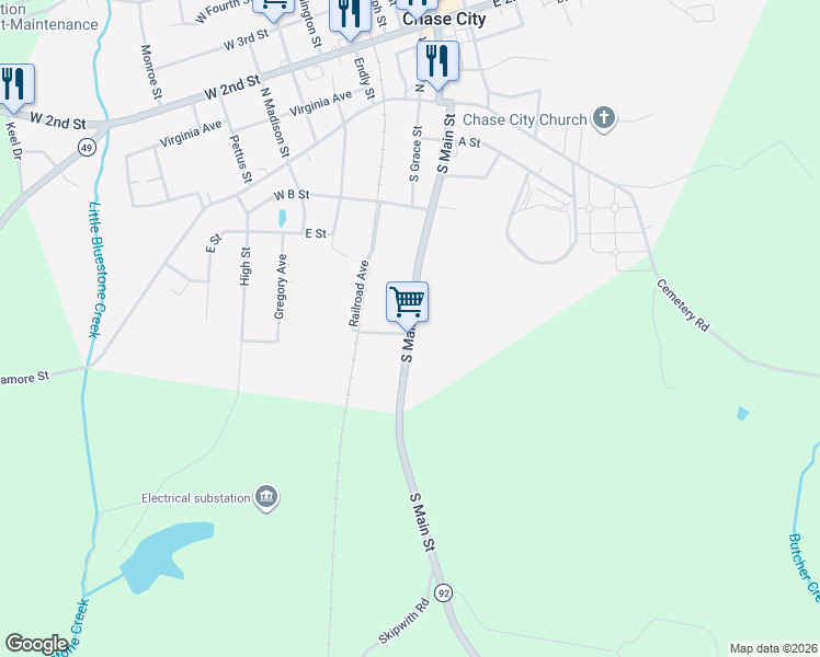 map of restaurants, bars, coffee shops, grocery stores, and more near 699 South Main Street in Chase City