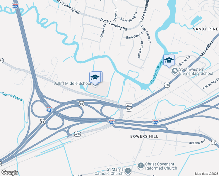 map of restaurants, bars, coffee shops, grocery stores, and more near 819 Jolliff Road in Chesapeake