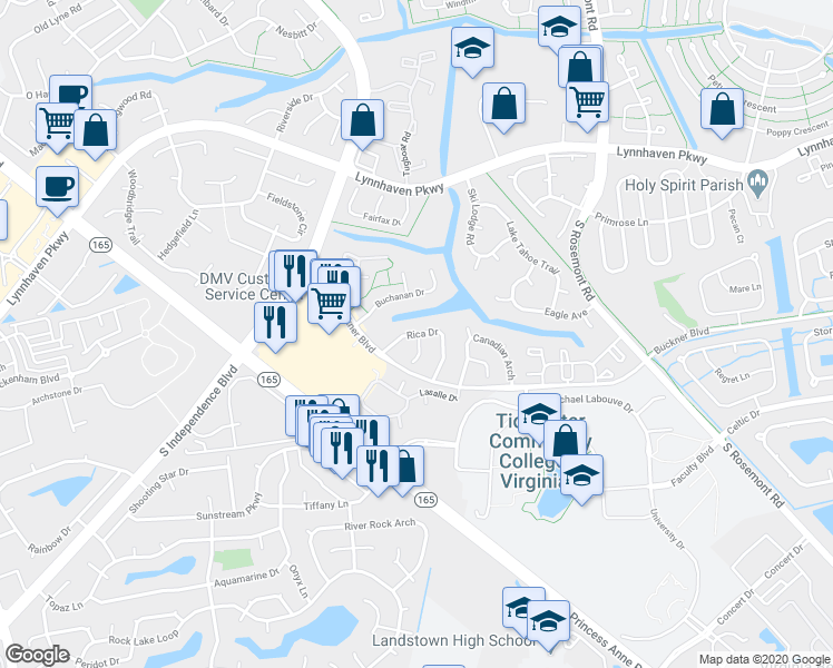 map of restaurants, bars, coffee shops, grocery stores, and more near 3901 Rica Drive in Virginia Beach