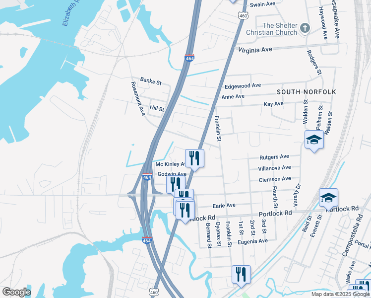 map of restaurants, bars, coffee shops, grocery stores, and more near 1029 Livingston Avenue in Chesapeake