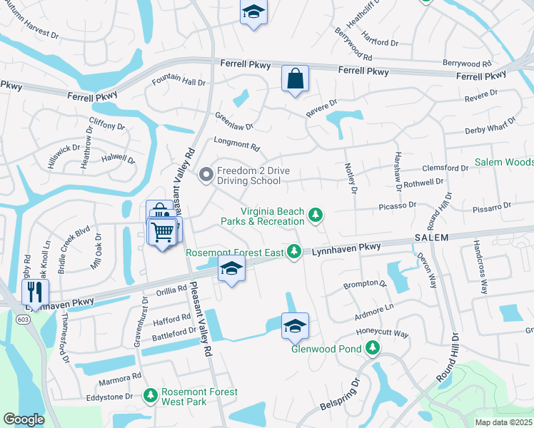 map of restaurants, bars, coffee shops, grocery stores, and more near 4865 Boxford Road in Virginia Beach