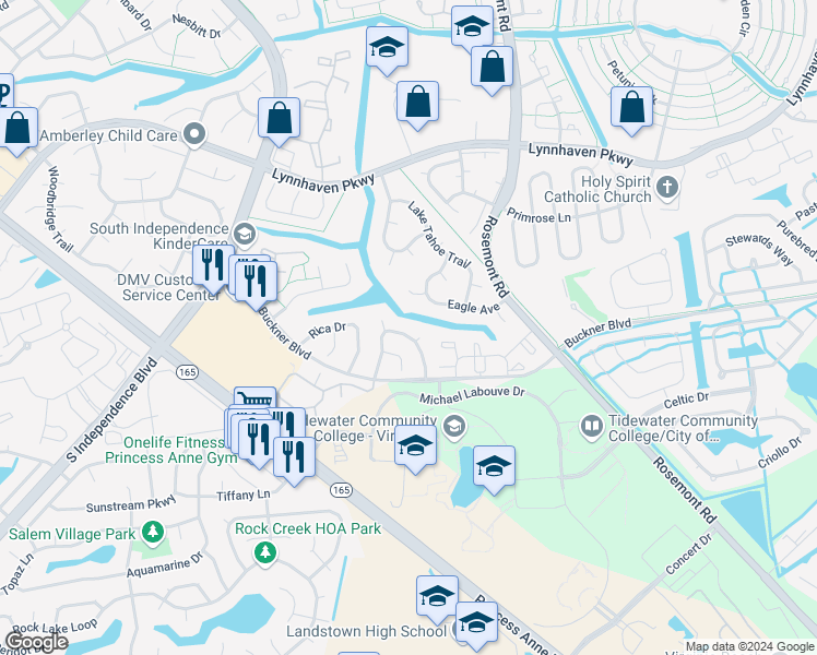 map of restaurants, bars, coffee shops, grocery stores, and more near 3736 Canadian Arch in Virginia Beach