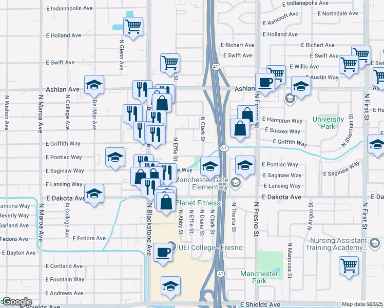 map of restaurants, bars, coffee shops, grocery stores, and more near 1953 East Saginaw Way in Fresno