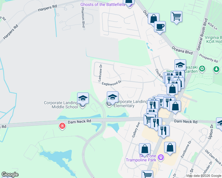 map of restaurants, bars, coffee shops, grocery stores, and more near 1568 Corporate Landing Parkway in Virginia Beach