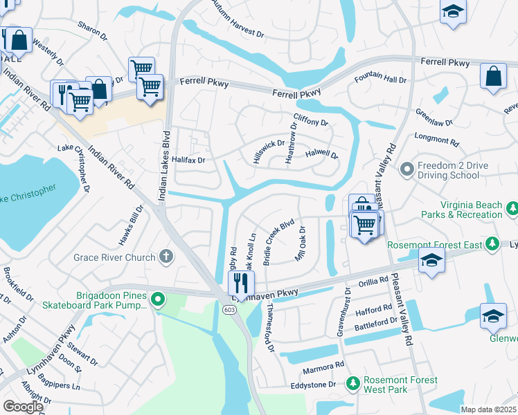 map of restaurants, bars, coffee shops, grocery stores, and more near 1422 Oak Knoll Court in Virginia Beach