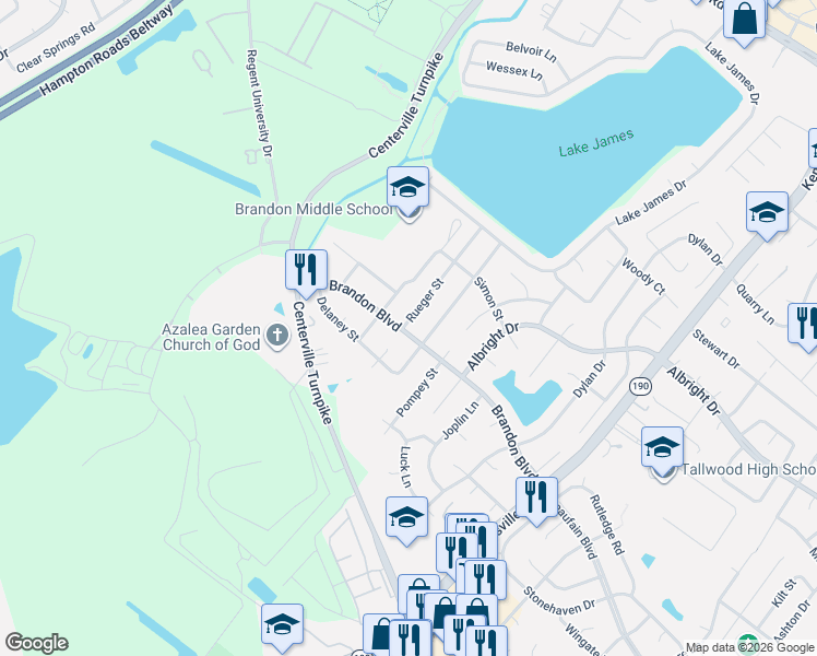 map of restaurants, bars, coffee shops, grocery stores, and more near 1802 Rich Court in Virginia Beach