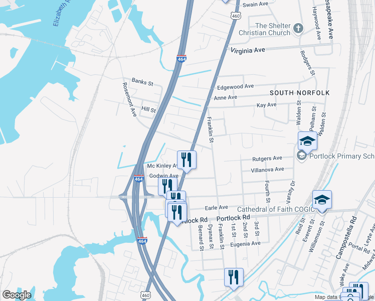 map of restaurants, bars, coffee shops, grocery stores, and more near 3606 Bainbridge Boulevard in Chesapeake
