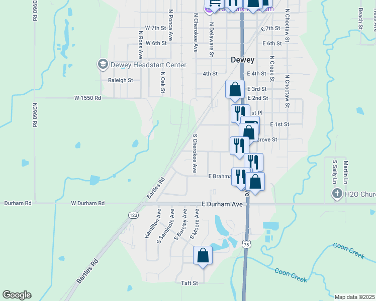 map of restaurants, bars, coffee shops, grocery stores, and more near 207 Circle Drive in Dewey