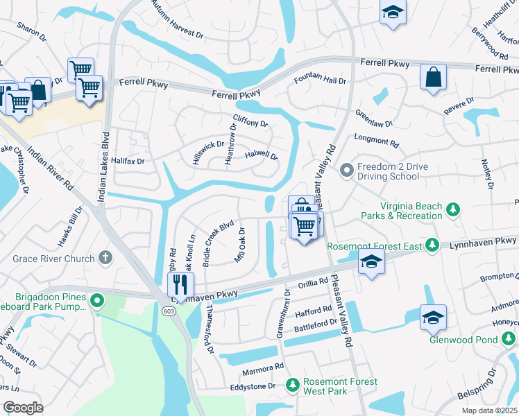 map of restaurants, bars, coffee shops, grocery stores, and more near 1428 Bridle Creek Boulevard in Virginia Beach