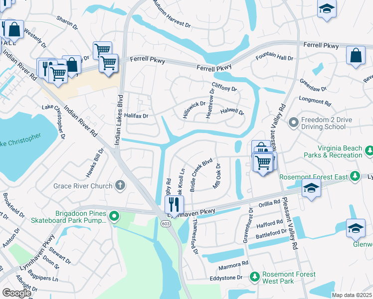 map of restaurants, bars, coffee shops, grocery stores, and more near 1422 Oak Knoll Court in Virginia Beach