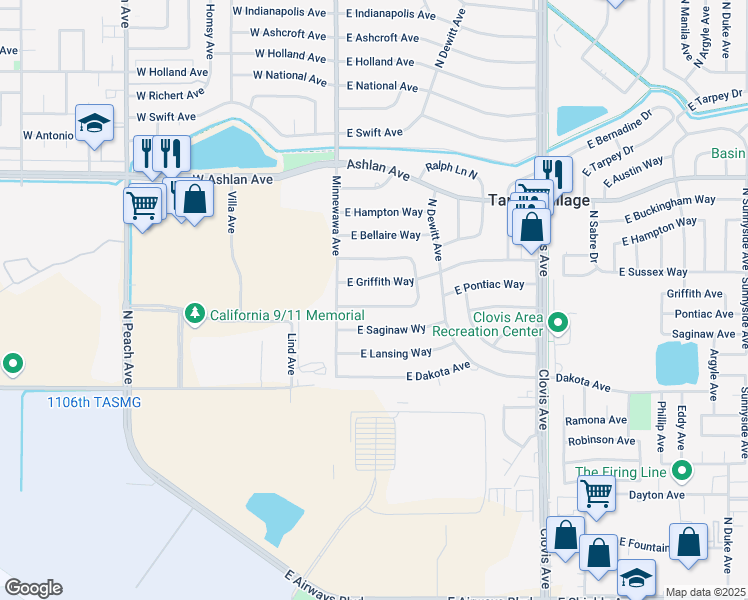 map of restaurants, bars, coffee shops, grocery stores, and more near 5435 East Griffith Way in Fresno