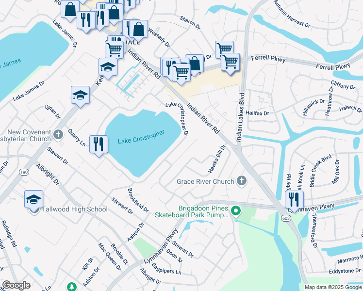 map of restaurants, bars, coffee shops, grocery stores, and more near 1741 Lake Christopher Drive in Virginia Beach