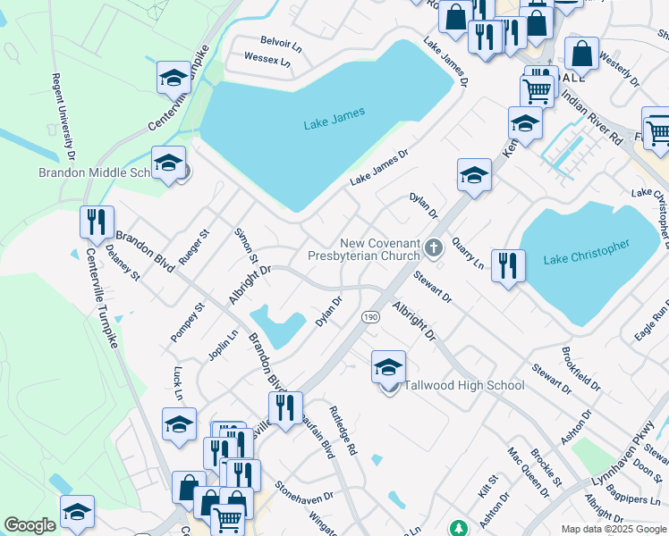 map of restaurants, bars, coffee shops, grocery stores, and more near 1633 Dylan Drive in Virginia Beach