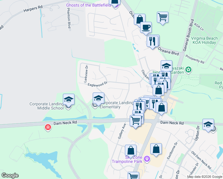 map of restaurants, bars, coffee shops, grocery stores, and more near 1129 Snowbird Lane in Virginia Beach