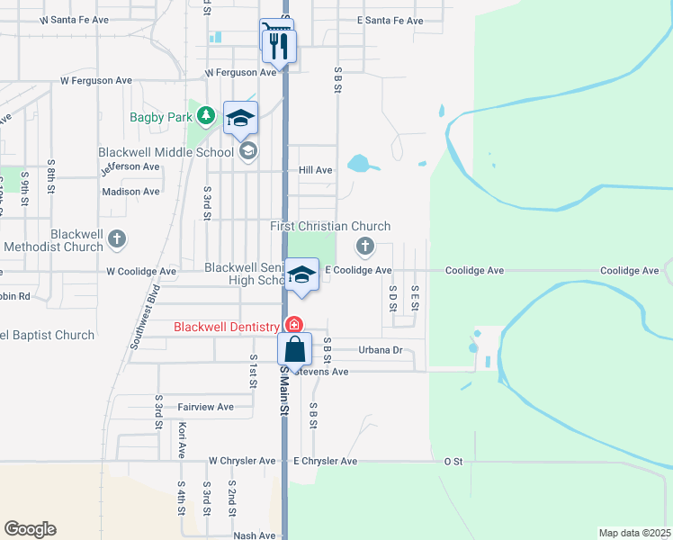 map of restaurants, bars, coffee shops, grocery stores, and more near 303 East Coolidge Avenue in Blackwell