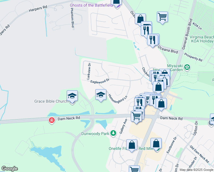 map of restaurants, bars, coffee shops, grocery stores, and more near 1142 Snowbird Lane in Virginia Beach