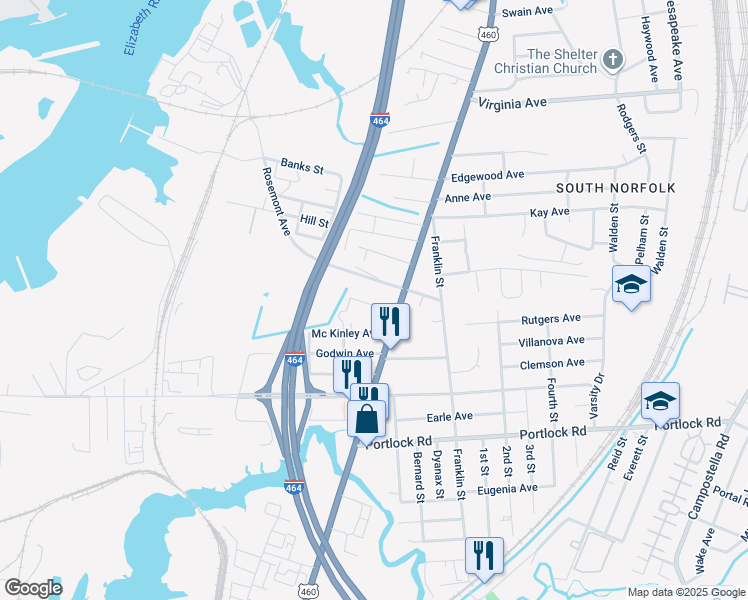 map of restaurants, bars, coffee shops, grocery stores, and more near 1029 Livingston Avenue in Chesapeake