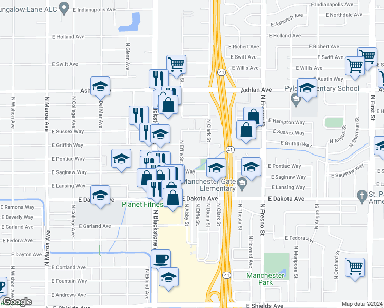 map of restaurants, bars, coffee shops, grocery stores, and more near 2025 East Pontiac Way in Fresno