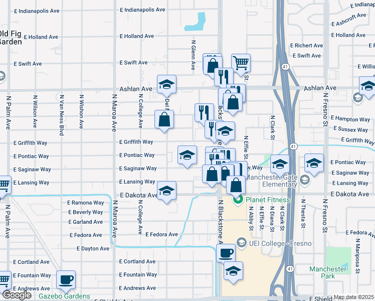 map of restaurants, bars, coffee shops, grocery stores, and more near 408 North Glenn Avenue in Fresno