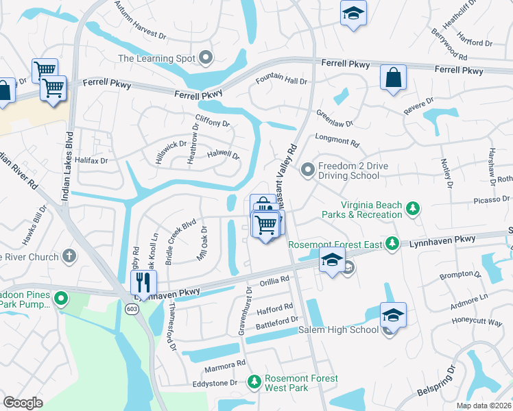 map of restaurants, bars, coffee shops, grocery stores, and more near 1452 Sangaree Circle in Virginia Beach