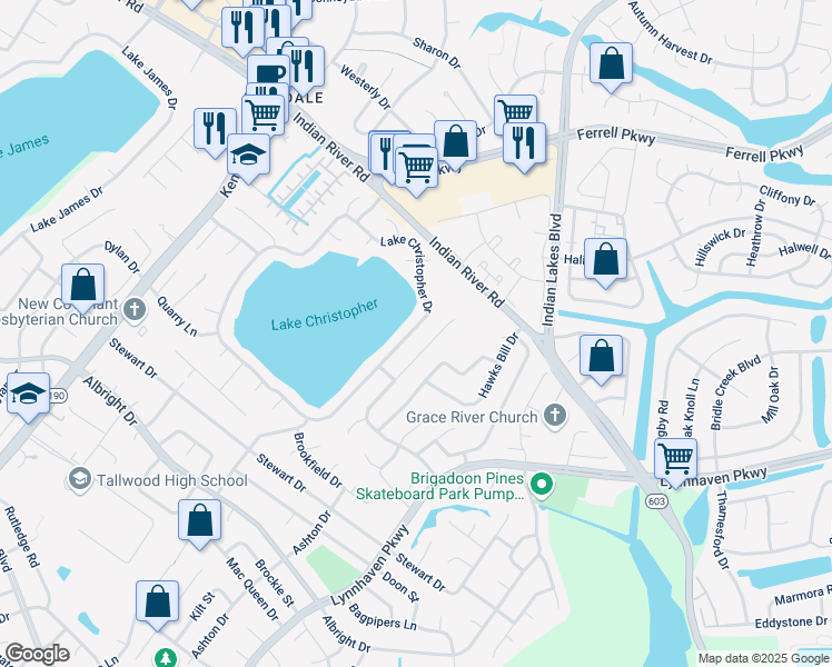 map of restaurants, bars, coffee shops, grocery stores, and more near 1741 Lake Christopher Drive in Virginia Beach