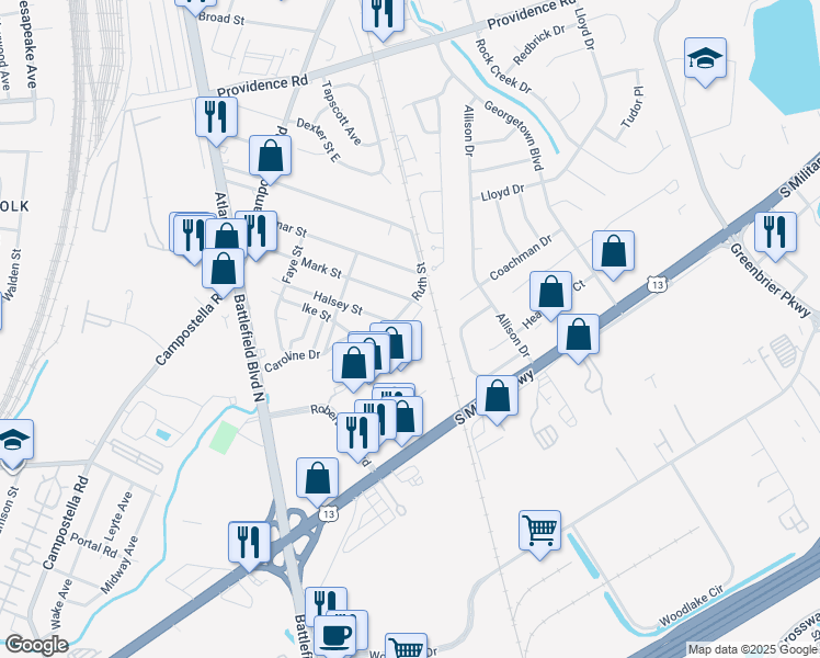 map of restaurants, bars, coffee shops, grocery stores, and more near 2822 Mark Street in Chesapeake
