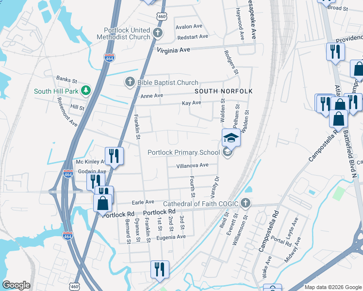 map of restaurants, bars, coffee shops, grocery stores, and more near 3348 Country Circle in Chesapeake