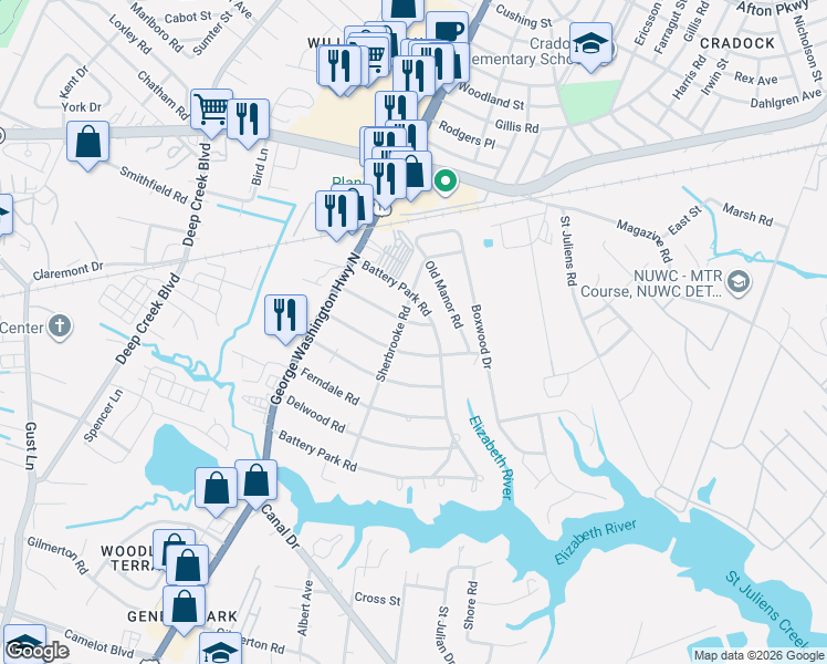 map of restaurants, bars, coffee shops, grocery stores, and more near 2300 Springdale Road in Chesapeake