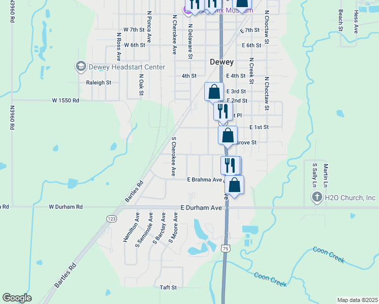 map of restaurants, bars, coffee shops, grocery stores, and more near 114 South Cherokee Avenue in Dewey