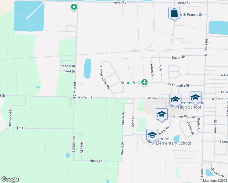 map of restaurants, bars, coffee shops, grocery stores, and more near 303 Timber Creek Road in Dexter