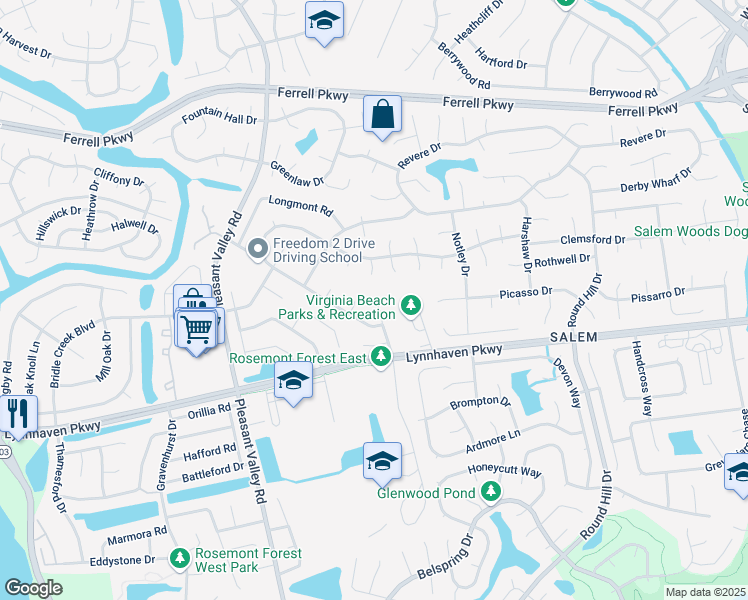 map of restaurants, bars, coffee shops, grocery stores, and more near 1609 Milldale Court in Virginia Beach