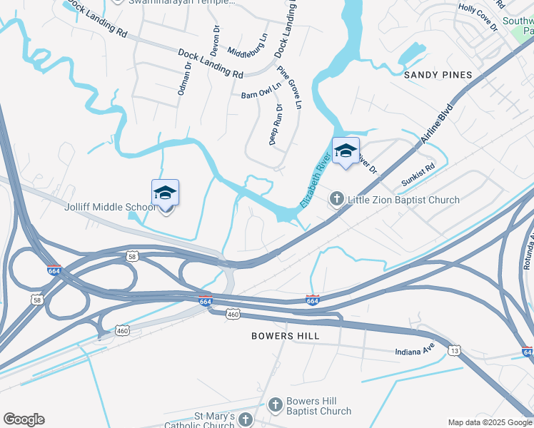map of restaurants, bars, coffee shops, grocery stores, and more near Flintfield Crescent in Chesapeake