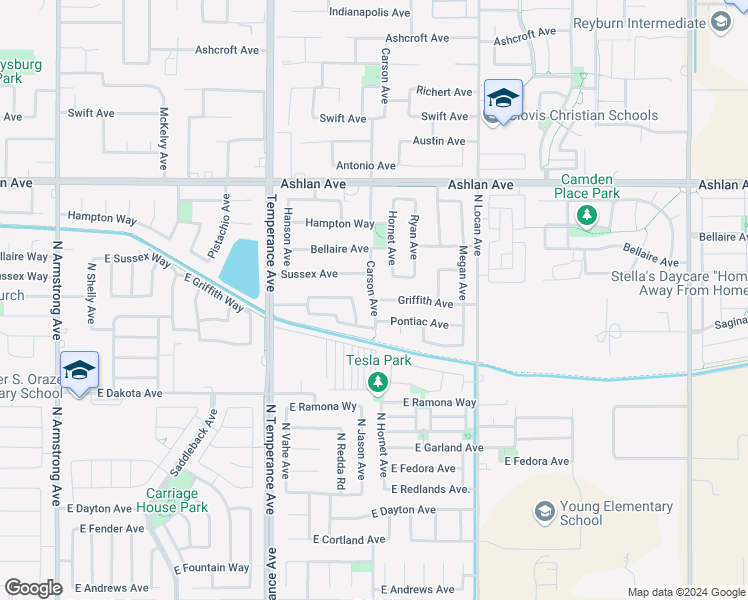 map of restaurants, bars, coffee shops, grocery stores, and more near 2713 Griffith Avenue in Clovis