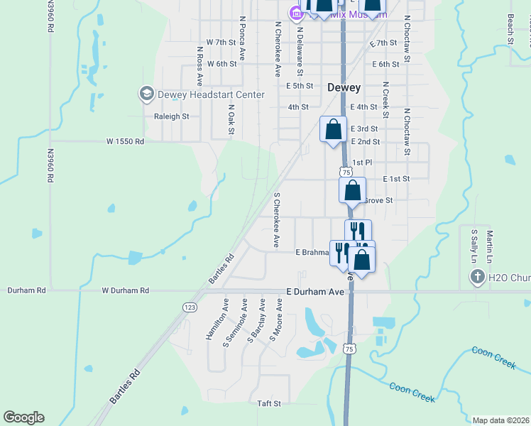 map of restaurants, bars, coffee shops, grocery stores, and more near 121 South Cherokee Avenue in Dewey